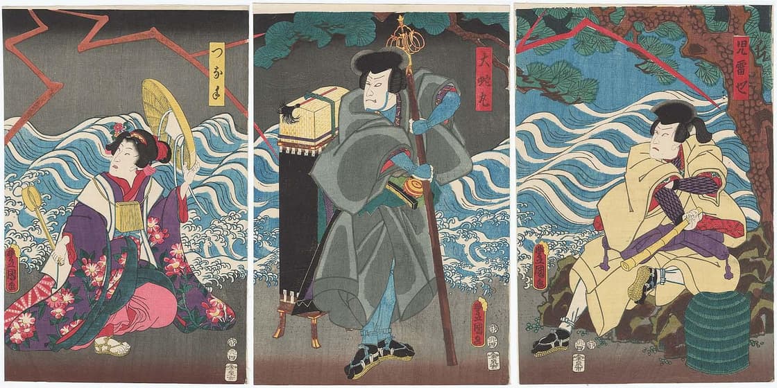 初代河原崎権十郎の児雷也・三代目嵐吉三郎の大蛇丸・初代坂東竹三郎のつな手