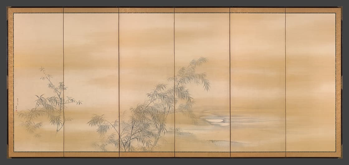 柳に水上月図屏風