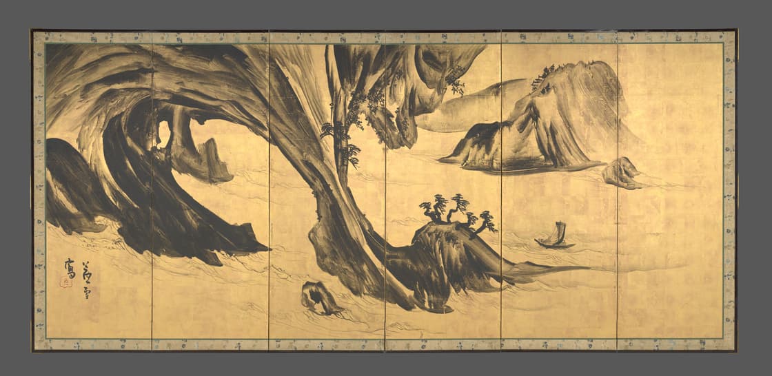 山水唐人物図屏風