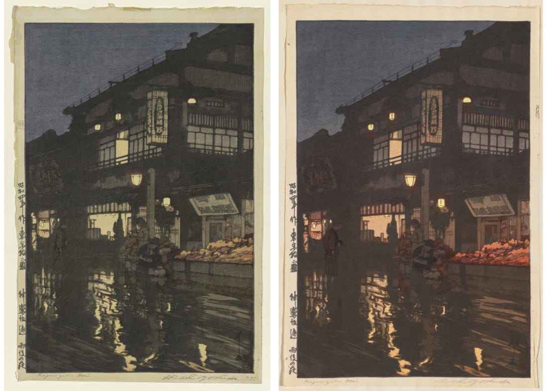 《東京拾二題 神楽坂通 雨後の夜》の二枚。公開されている画像のままだと寒暖差が大きく見えるが、紙の地色を揃えると差の大半は消える。出典：クリーブランド美術館（CC0）
