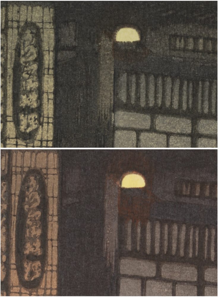 同じ図柄・同じ版の二個体で、二階の格子窓と欄干を同倍率で比べたもの。上は交点が明瞭、下は輪郭が鈍い。ただし下は厚く摺られており、着肉量の差だけでも同じ見えになる。出典：クリーブランド美術館（CC0）