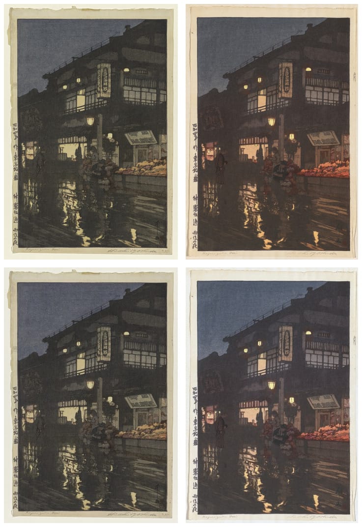 上段は公開されている画像のまま。下段は各紙の地色を揃えて正規化したもの。出典：クリーブランド美術館（CC0）