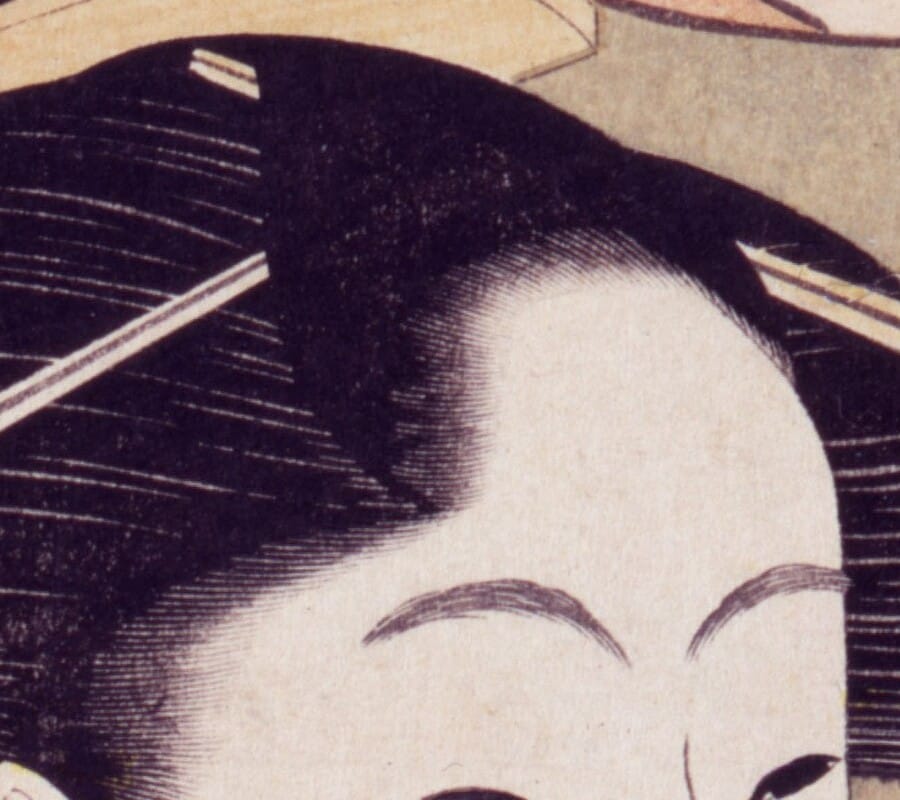 同《当時三美人》の生え際（部分拡大）。版木の上では、髪の一本一本が、両側を彫り落として残された細い峰である。出典は上図に同じ
