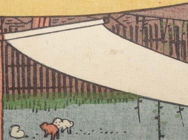 歌川広重《名所江戸百景 馬喰町初音の馬場》（1856〜58年の連作より）の、吊るされた白い布の部分。織り目がうっすら写っている。写真：太田記念美術館の X 投稿（2015年8月22日）より引用
