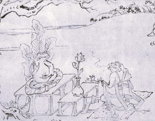 《鳥獣人物戯画》甲巻（部分）京都・高山寺蔵、国宝。東京国立博物館が所蔵する写真版による。出典：Wikimedia Commons（パブリックドメイン）
