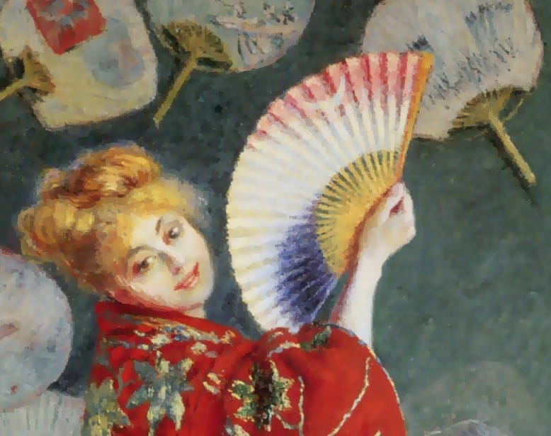 モネ《ラ・ジャポネーズ》部分。手の扇と、壁の団扇。ボストン美術館所蔵。出典：Wikimedia Commons（パブリックドメイン）
