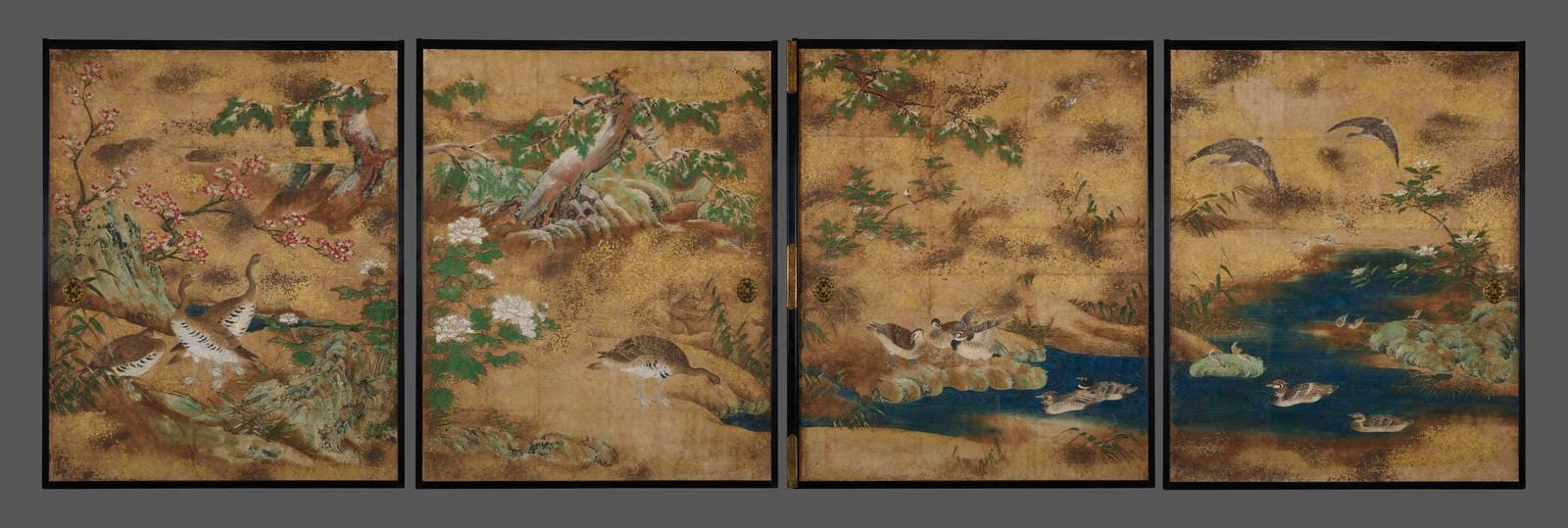 狩野宗眼重信《秋冬花鳥図》4面（1612年頃、大英博物館 1937,1009,0.1-4）。出典：© The Trustees of the British Museum（CC BY-NC-SA 4.0）