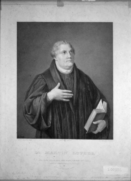 ミュラー《D.r Martin Luther》（クラーナハ（父）の肖像による銅版画、19世紀）。《新しい天使》の下にあるのと同じ図柄の、別の刷り。出典：ロンバルディア州文化財データベース「D.r Martin Luther」（ピナコテーカ・レポッシ所蔵）
