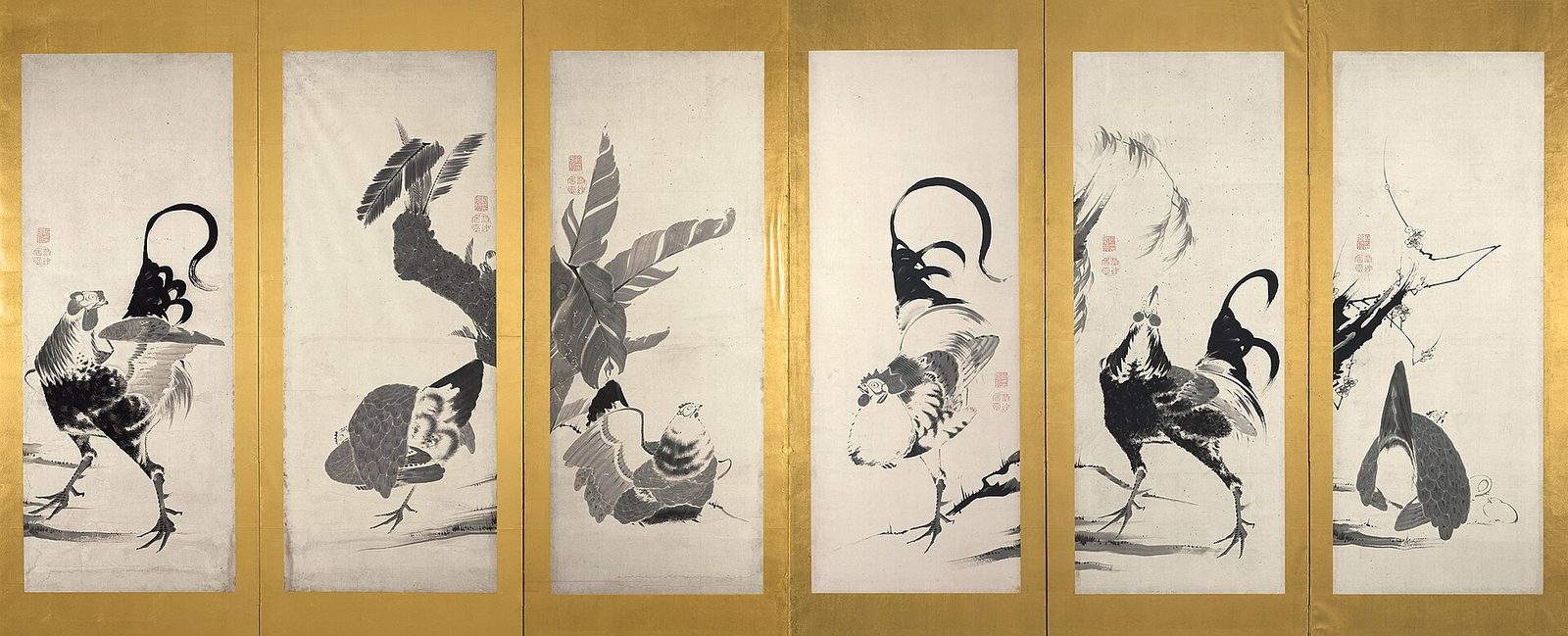 群鶏図屏風 右隻