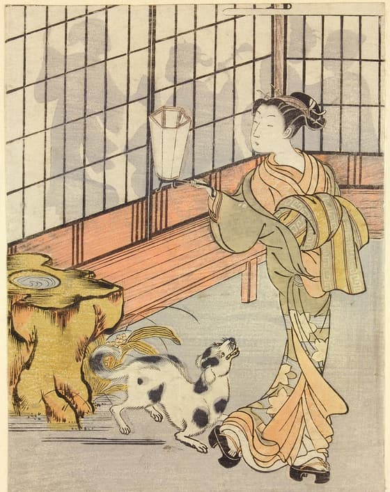 Woodblock print. Bijinga. Courtesan and dog in the garden of a fashionable house at evening, a view of the party through the shoji
