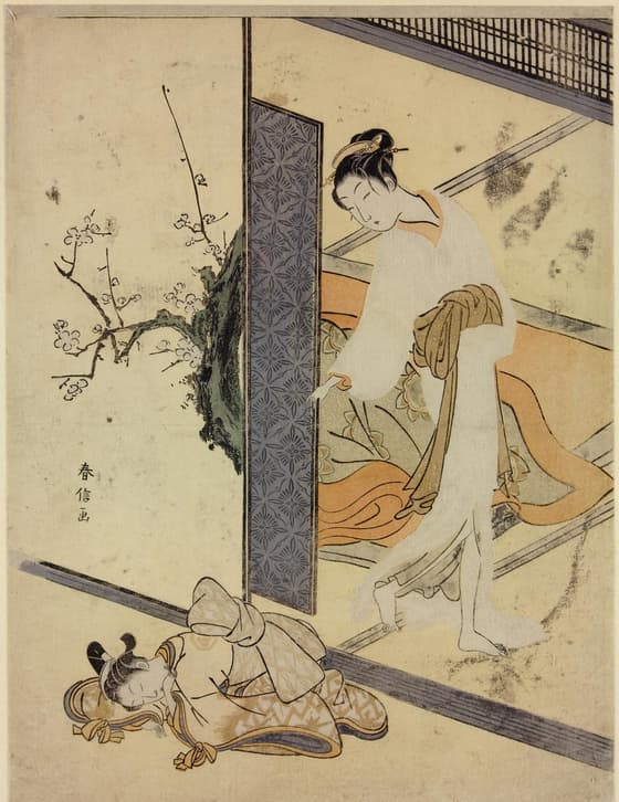 Woodblock print. Bijinga. Courtesan arising from her bed coming upon her maid asleep on the floor