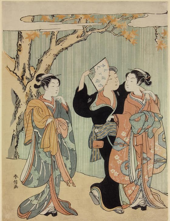 Woodblock print. Bijinga. Courtesan, her client and her apprentice (shinzo) by a waterfall in maple season, and poem on fan