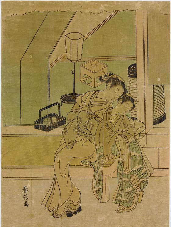 Woodblock print. Courtesan and attendant