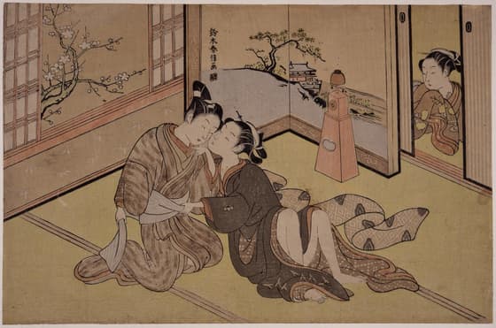 Woodblock print. Young man being seduced by an older woman, watched through sliding doors by another woman, clock and folding screen in the corner
