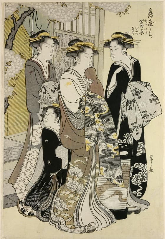 Woodblock print. Bijinga. The courtesan Sugawara of the Tsuruya with her young attendants (kamuro) Mumeno and Takeno,+ another leaving a house under cherry blossom