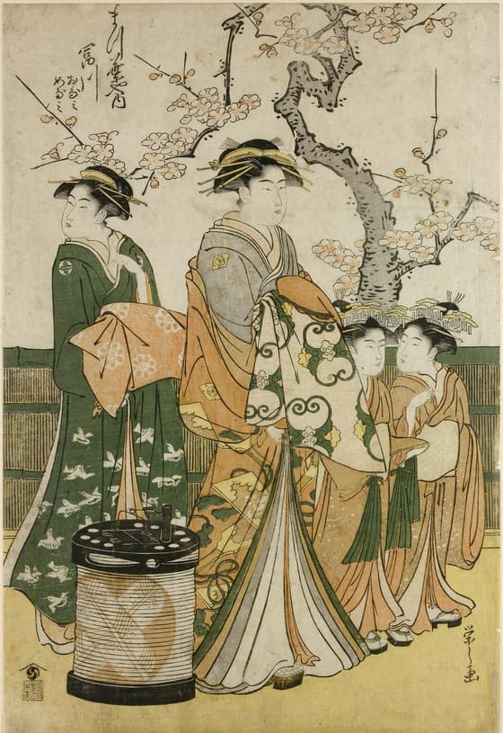 Woodblock print. Bijinga. The courtesan Tomikawa of the Matsubaya in garden beneath flowering plum with her young attendants (kamuro) Onami, Menami and another