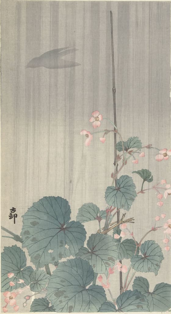 雨中の秋海棠に鳥影（安達版）
