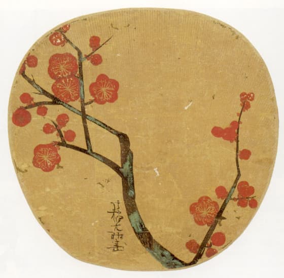 'Plum Blossoms', ink and color on gold paper by Kôrin, Japanese fan, 1702, Honolulu Academy of Arts