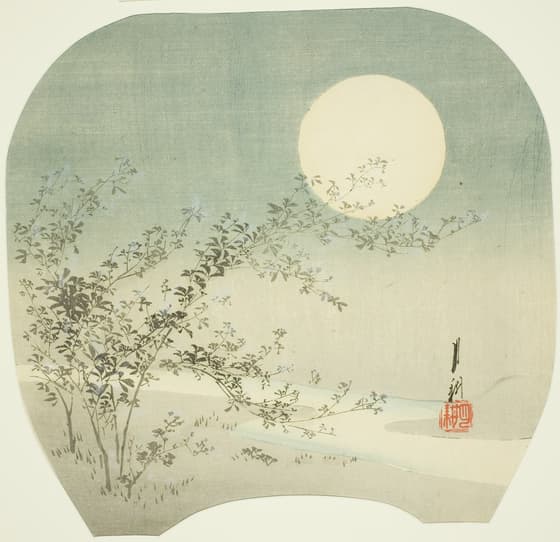 Full Moon and Autumn Flowers by the Stream