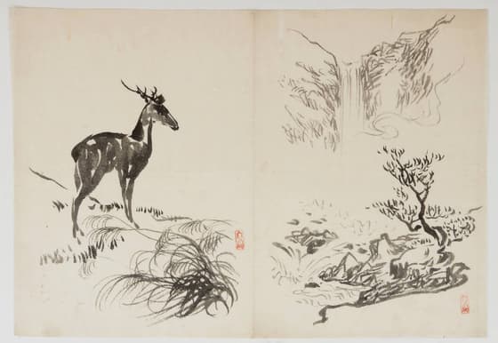 丘の鹿と滝
