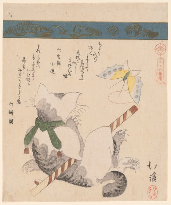 玩具の蝶と戯れる猫