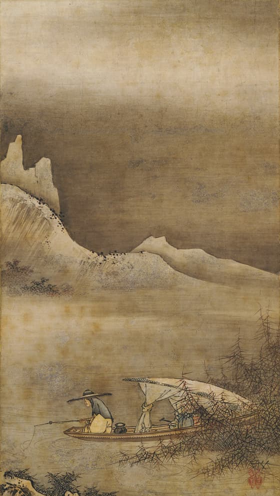 山水図　右幅（寒江独釣）