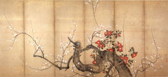 梅椿図屏風