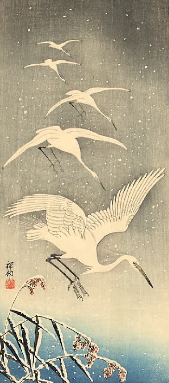 雪に落ちる白鷺（渡辺版）