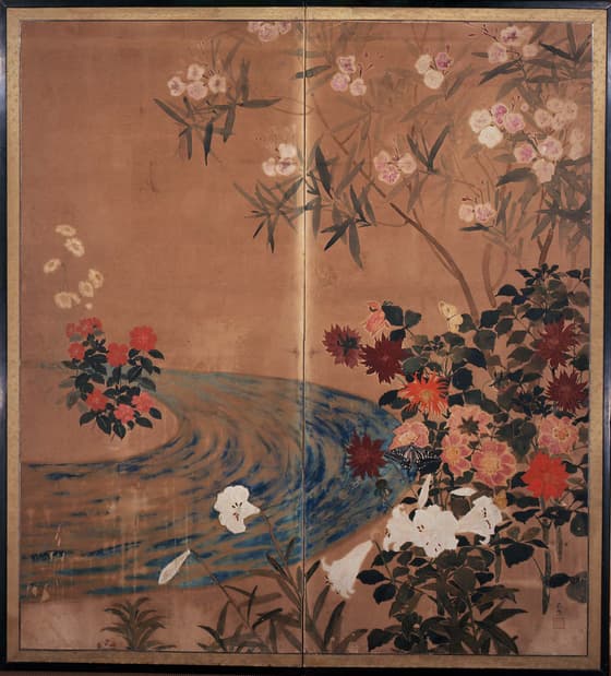 流水に花と蝶