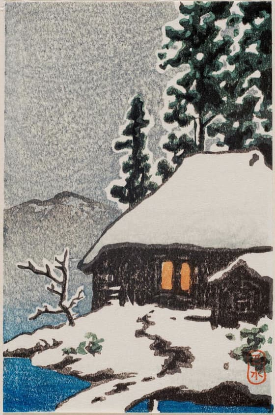 クリスマスカード　雪の夜の民家