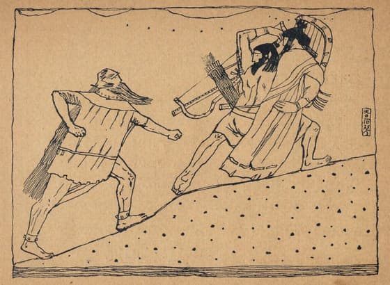 Ōkuninushi and Suseribime leave the netherworld (Ne-no-Kuni), with Susanoo chasing after them