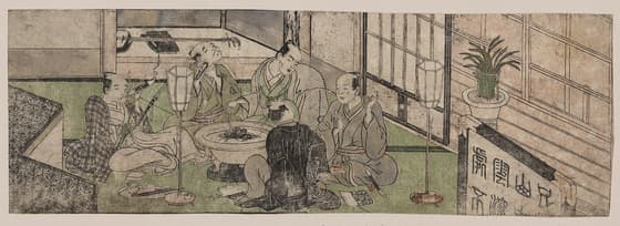 火鉢を囲む五人の男