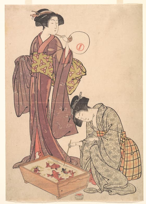 金魚に餌をやる二人の女