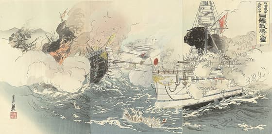 Afbeelding van de Chinees-Japanse Oorlog en de grote overwinning van de Japanse marine nabij Dagushan
