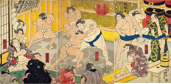 三ツ鱗・御用木・勧進大相撲八景稽古之図 越の海・荒馬・柏戸