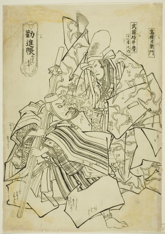 勧進帳　五代目市川海老蔵の富樫左衛門・八代目市川團十郎の武蔵坊弁慶（伝歌川国貞）