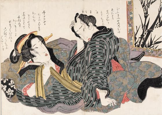 竹の絵と男女