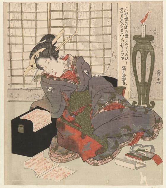 三味線箱にもたれる芸者