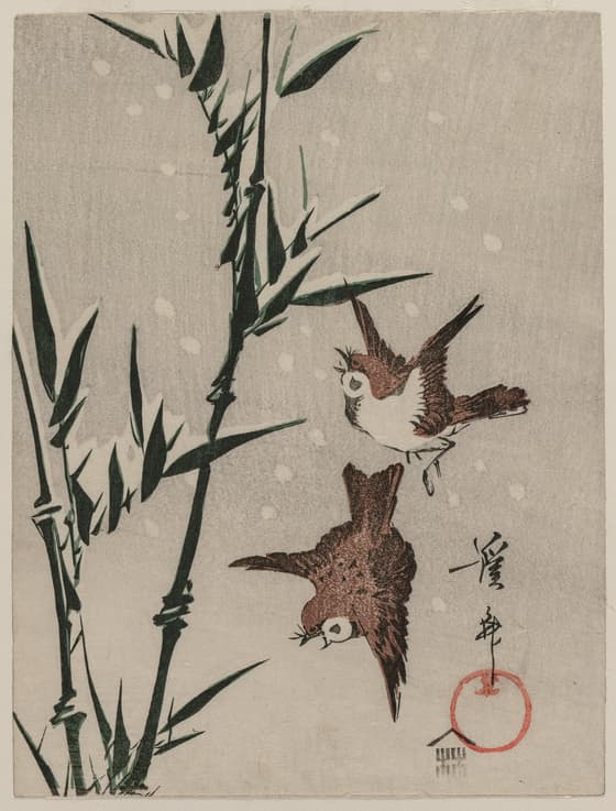 雪中竹に雀