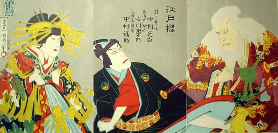 豐原國周 画 江戸櫻 大判錦繪三枚續物（明治二十九年五月東京歌舞伎座上演）