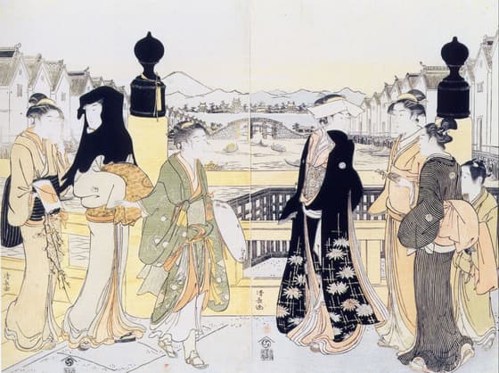 日本橋の往来 、正月の日本橋の様子を描いた美人画