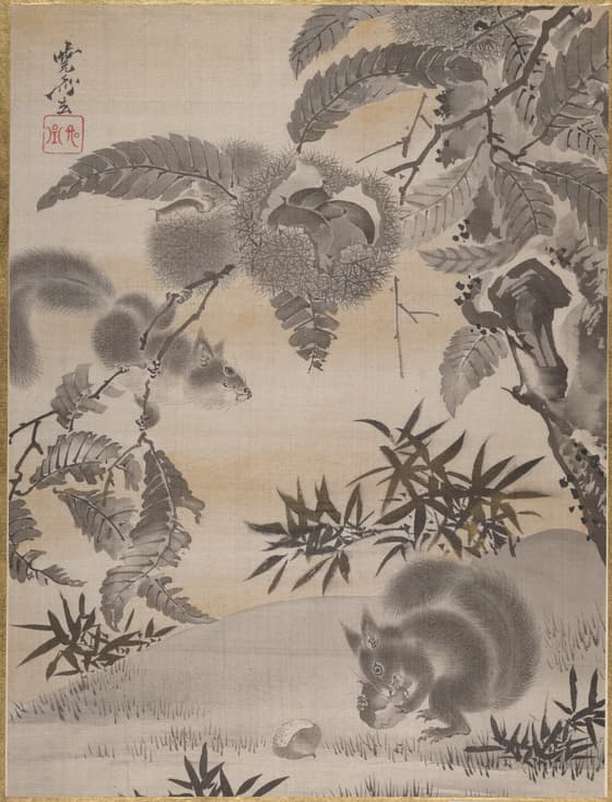 栗を集める栗鼠図