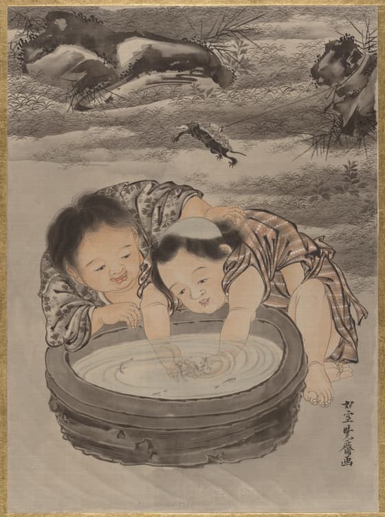 金魚と遊ぶ二童子図