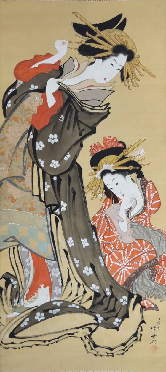 立姿の遊女と禿図