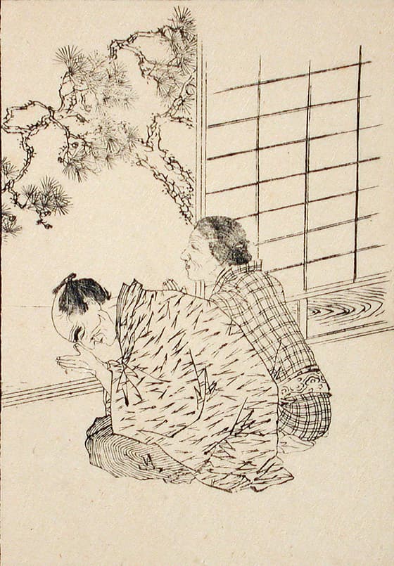 日の出を拝む老夫婦