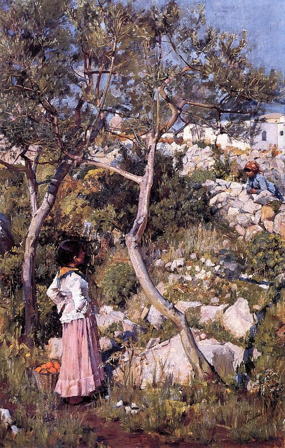 村のそばの二人のイタリアの少女