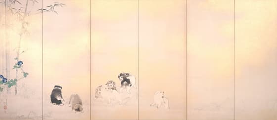 藤花蕣花群犬図屏風　蕣花の隻