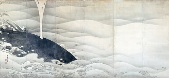 象と鯨図屏風　左隻