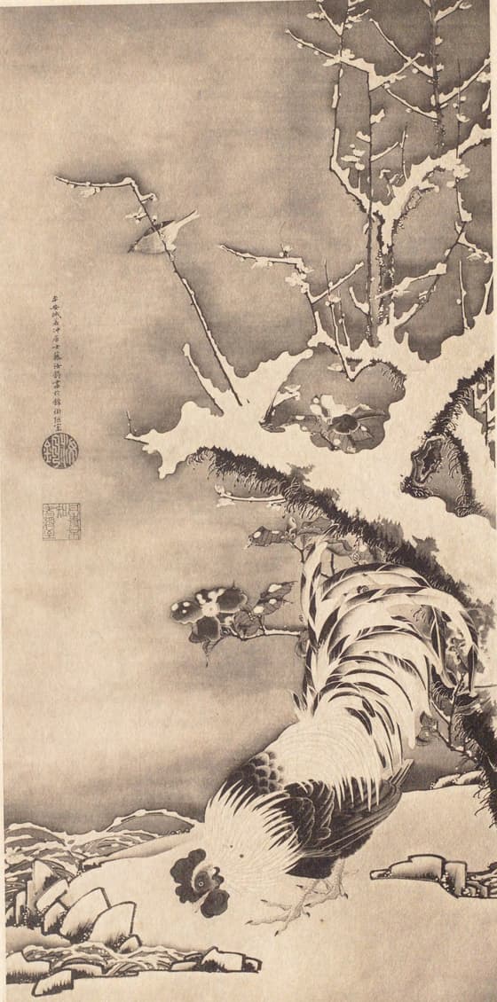 雪梅雄鶏図