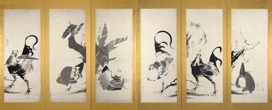 群鶏図屏風　右隻